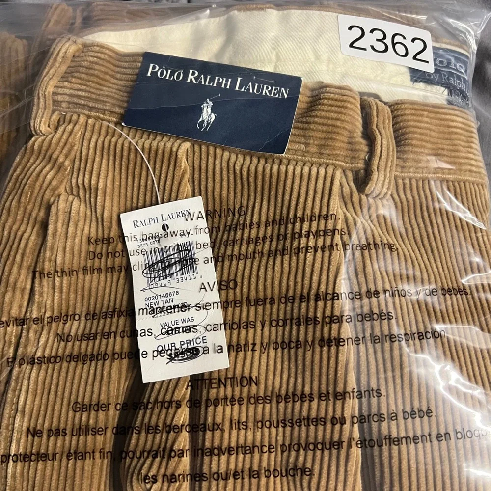 Vintage Polo Ralph Lauren Andrew Pant Corduroy Pleated Tan 38x30 NWT Faded
